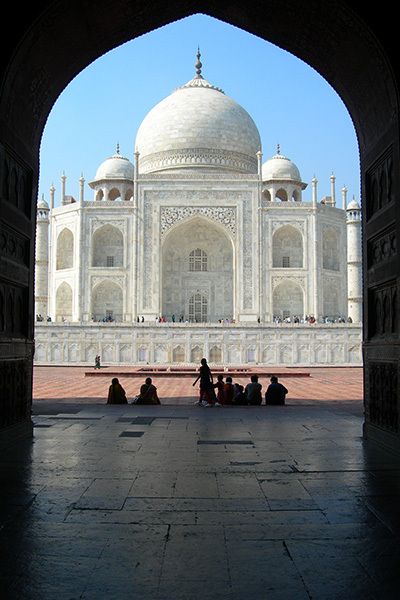 Iconic view of Taj Mahal mausoleum in Agra India